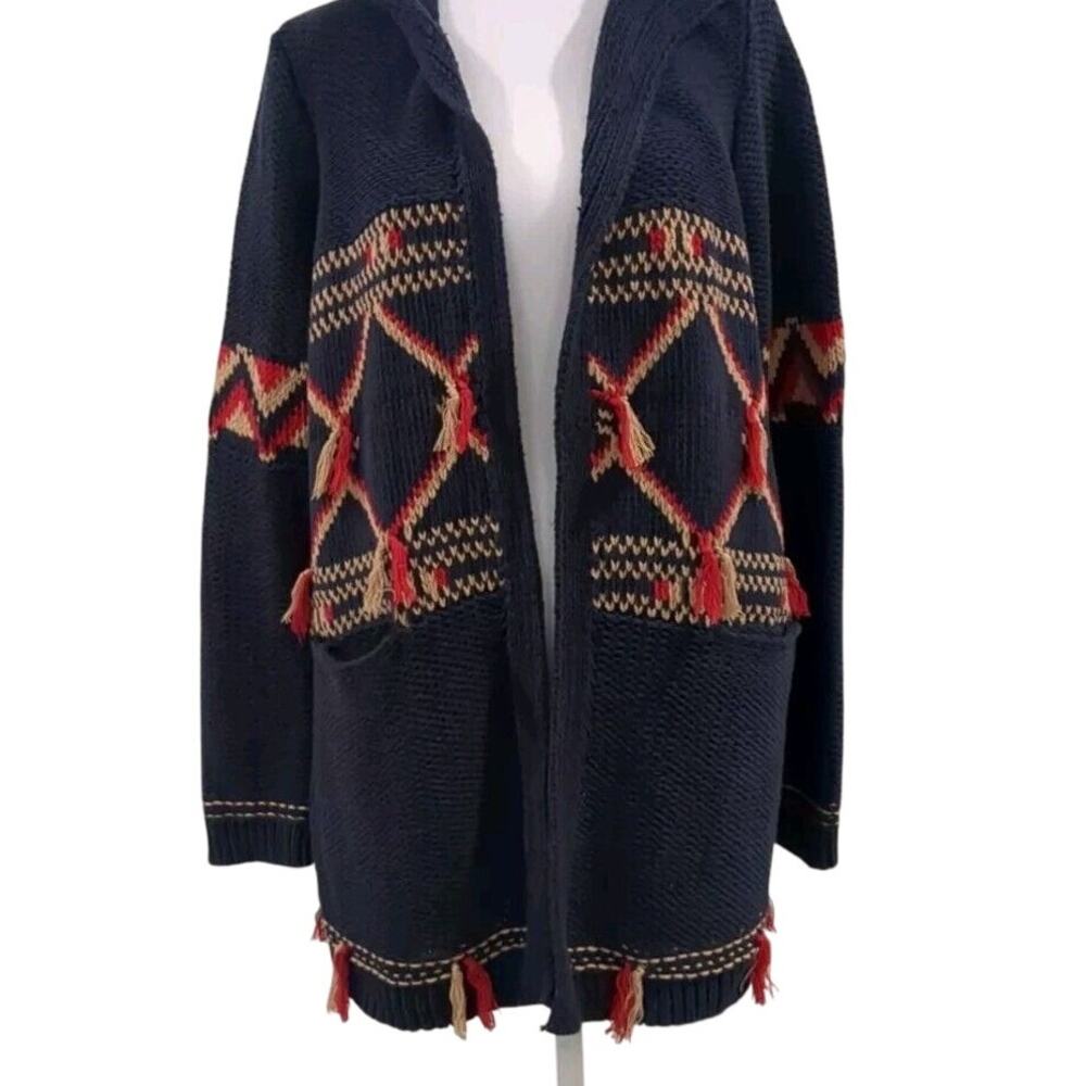 Lucky Brand Women M Cardigan Sweater Blue Southwest Hooded Pockets Long Sleeve